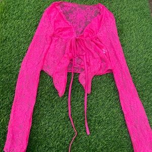 Elegant Fuchsia Lace Tie-Front Blouse